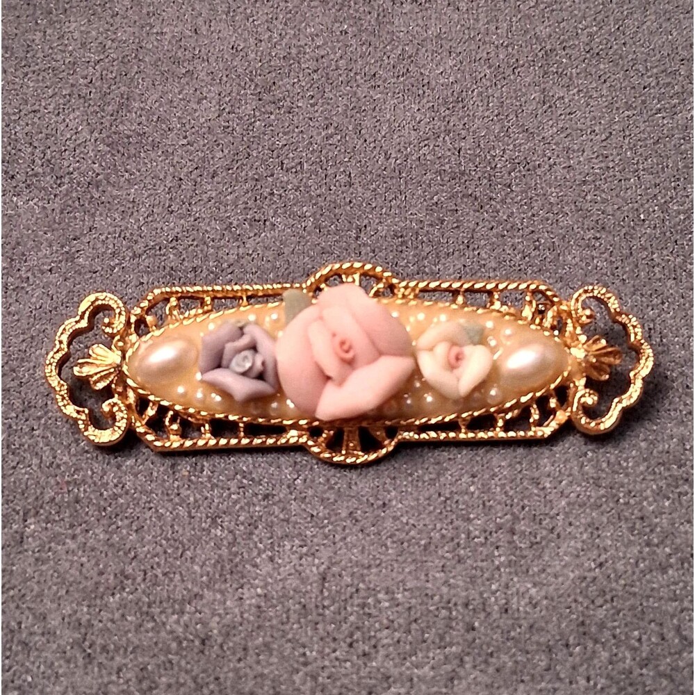 Vintage 1928 Rose Brooch Pink Purple Porcelain